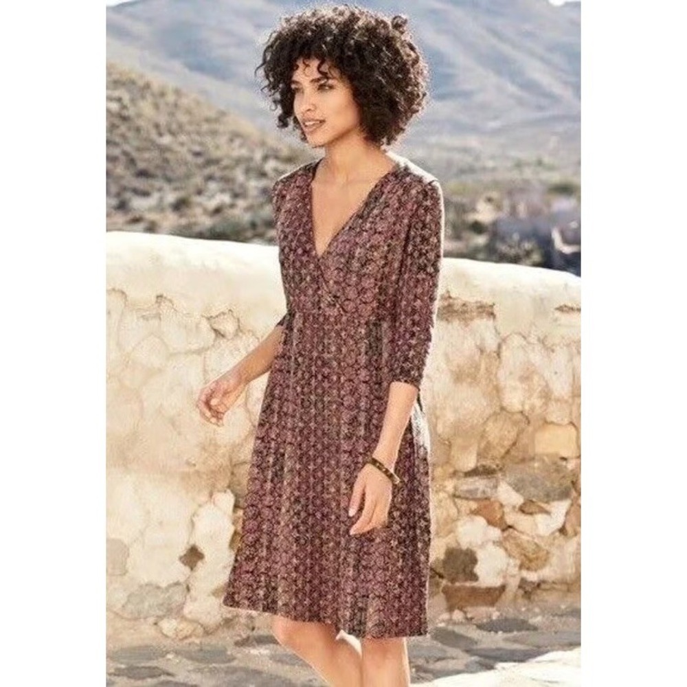 Peruvian Connection Dress Medium Brown Geometric Print Faux Wrap Pima‎ cotton